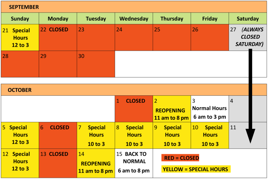 Special hours and closing for Fall 2025 Festival Season